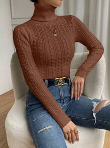 SHEIN ChicEase Solid Color High Neck Sweater, Autumn/Winter,Long Sleeve Tops, Knit Pullover Fall - Coffee Brown - View 3