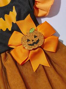 PETSIN 1pc Pet Halloween Funny Expression Print Dress Pumpkin & Bow Decor Orange Black Mesh Cap Sleeve Dog Dress