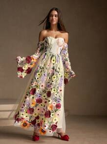 Anewsta 女士优雅露肩喇叭袖碎花连衣裙 - 彩色 - 查看 5