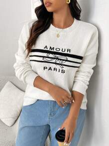 SHEIN Frenchy Suéter holgado de talla grande con bordado y lazo, otoño e invierno