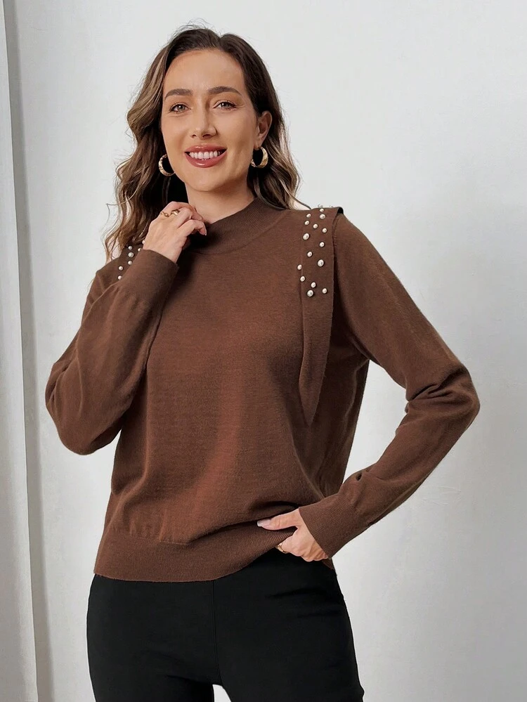 Women's Solid Color Stand Collar Long Sleeve Beaded Embellished Sweater, Casual Daily Wear
