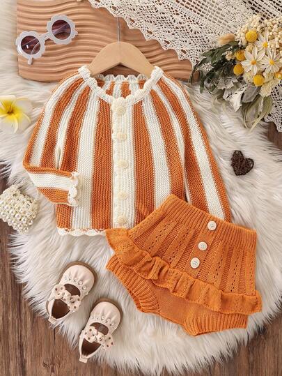 2 件套新生女婴南瓜毛衣开衫和泡泡裤时尚休闲装万圣节