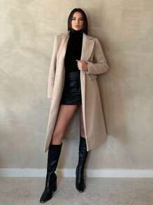 SHEIN Tall Abrigo de lana grueso de color camello (incluyendo el forro) adecuado para otoño e invierno