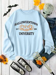 SHEIN EZwear Áo nỉ dài tay cổ tròn in chữ rộng rãi, dáng rộng, cổ trễ vai, size lớn cho nữ, mùa thu/đông - Màu xanh lam - Xem 2