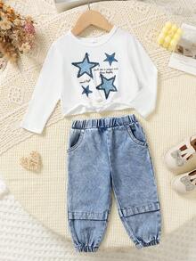 Bộ 2 món/Bộ áo thun in chữ và ngôi sao màu trắng thường ngày cho bé gái và quần denim xanh giặt, Bộ thu đông - trắng - Xem 8