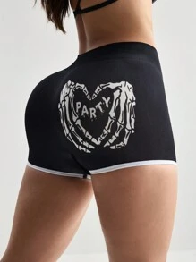 SHEIN Sports Damen nahtlose Halloween Sport Shorts mit Totenkopf- und Handmotiv