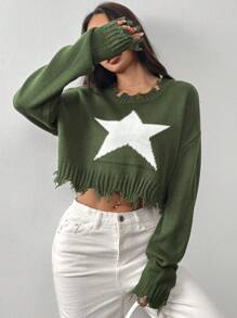 SHEIN EZwear Women's Crew Neck Long Sleeve Fringed & Star Print Colorblock Army Green Sweater - Green - View 5