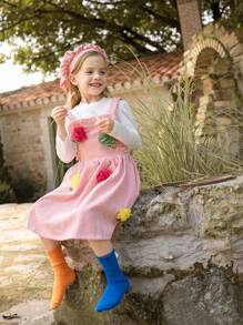 SHEIN 3pcs/Set Young Girls Textured Long Sleeve T-Shirt, Floral Jumper Dress With Suspender And Hat - Pink - View 4