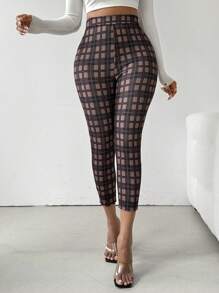 Zolique Plaid High-Waist Slim-Fit Pants - Brown - View 1