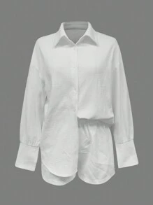 INAWLY 2pcs Women's Casual Solid Color Long Sleeve Shirt And Shorts Set, Spring Summer - White - View 4