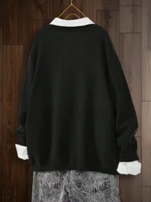 Franclia 大尺碼女款休閒寬鬆長袖口袋開襟衫，秋冬女裝 - 黑色 - 查看 2