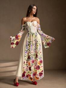 Anewsta 女士优雅露肩喇叭袖碎花连衣裙 - 彩色 - 查看 3