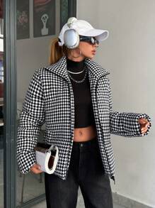 EURMUSE Fashionable Houndstooth Pattern Zip Up Padded Coat - Multicolor - View 3