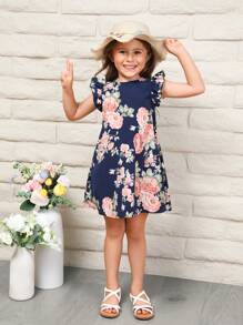 SHEIN Leap Crew 女童花卉印花蝴蝶袖連衣裙