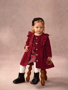 SHEIN 2pcs Baby Girl Front Button Long Sleeve Ruffle Trim Solid Dress & Plaid Print Jacket Outfit - Red - View 1