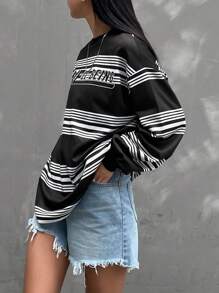 DAZY Women's Crew Neck Long Sleeve Striped & Letter Print Casual Sweatshirt,Fall Clothes - Black - View 7
