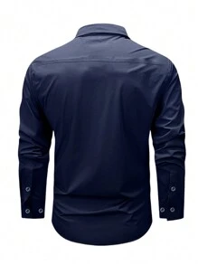 Manfinity Homme Men's Solid Color Front Button Closure Long Sleeve Minimalist Pocket Shirt - Navy Blue - View 2