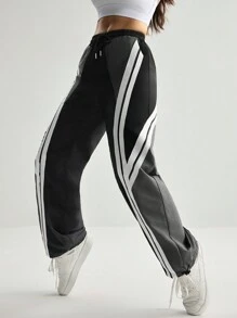 Streetz SHEIN Sport Women's Contrasting Splice Drawstring Waist Dance & Sports Long Pants - Black and White - View 1