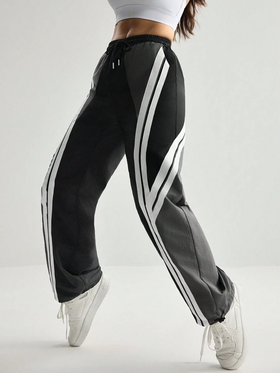 Streetz SHEIN Sport Women's Contrasting Splice Drawstring Waist Dance & Sports Long Pants - Black and White - View 1