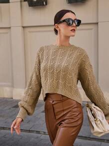 SHEIN Cottnline Simple Solid Crew Neck Long Sleeve Twist Patterned Pullover - Khaki - View 2