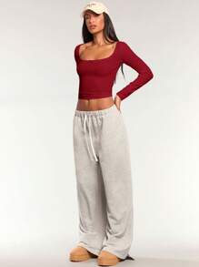 Forever 21 Women Spring & Autumn Casual Solid Color Slim Fit Cropped T-Shirt - Burgundy - View 2