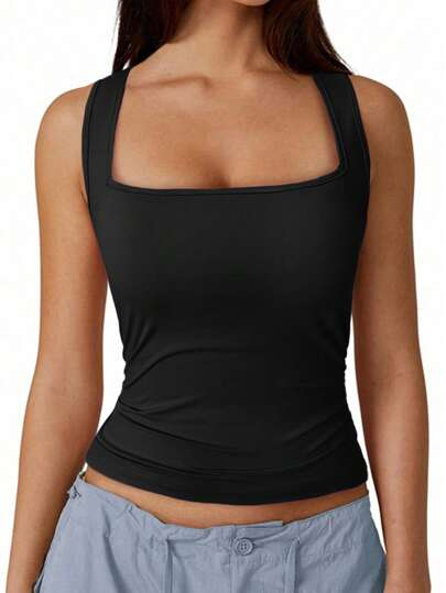 SHEIN SXY Tank top de mujer de unicolor negro como capa base de ropa casual de verano/otoño