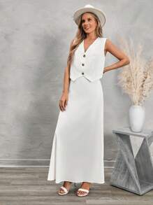 SHEIN LUNE 2 piezas Conjunto de chaleco sin mangas blanco con botones + falda larga informal para mujer - Blanco - Ver 5