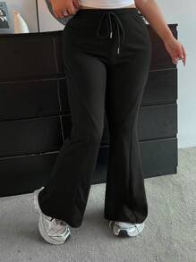 POPSWAY Pantalones casuales informales de talla grande para mujer, de unicolor, con cintura con cordón y campana