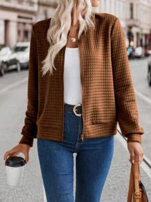 SHEIN LUNE Women's Solid Color Long Sleeve Loose Casual Baseball Jacket For Spring And Autumn Fall Winter Cloth For Women - Brown - View 1
