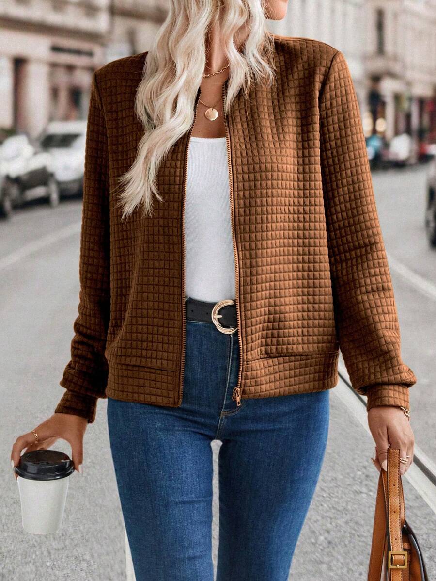 SHEIN LUNE Women's Solid Color Long Sleeve Loose Casual Baseball Jacket For Spring And Autumn Fall Winter Cloth For Women - Brown - View 1