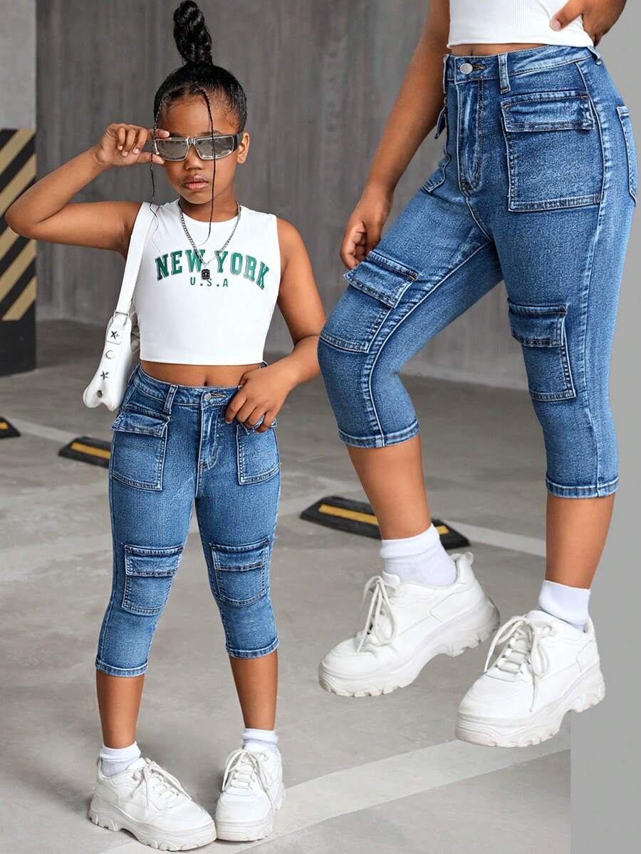SHEIN Quần Capri túi lật thời trang Y2K Stonewashed Fit cho bé gái tuổi teen, Quần Jeans dạo phố thời trang thu đông cho bé gái tuổi teen - Rửa trung bình - Xem 1