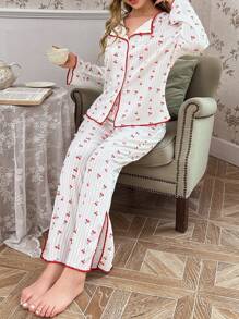 2 件套樱花印花撞色饰边领长袖睡衣 - 白色 - 查看 1