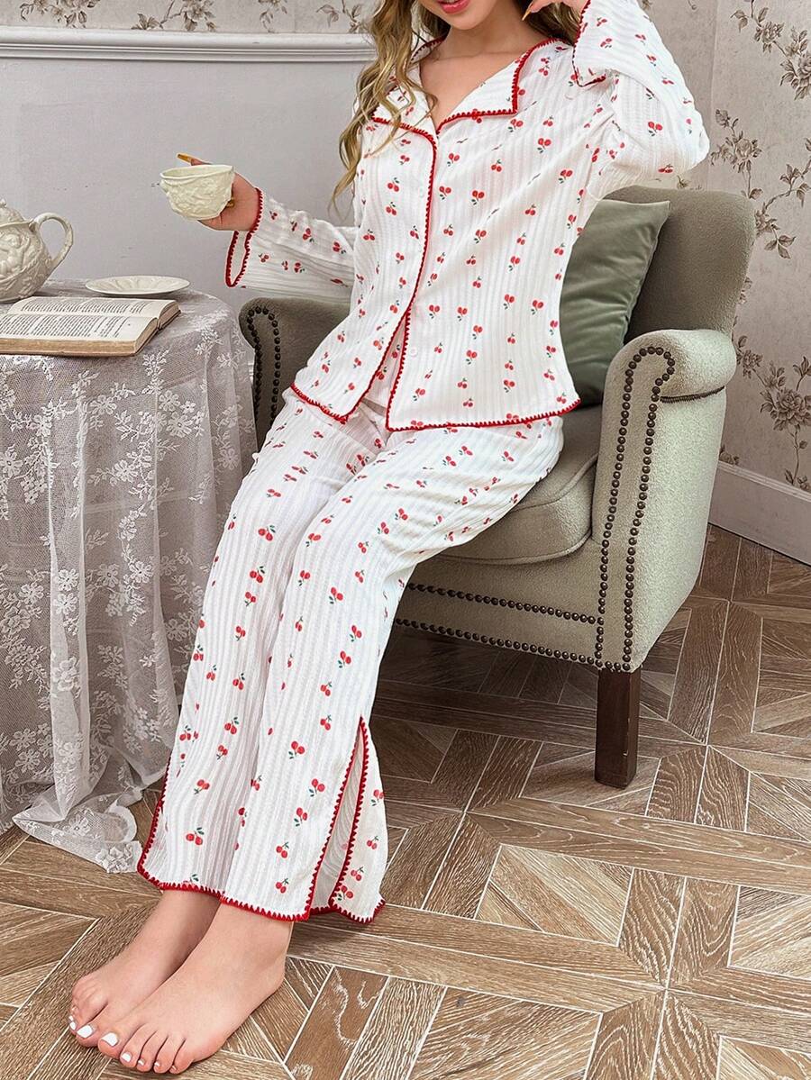 2 件套樱花印花撞色饰边领长袖睡衣 - 白色 - 查看 1