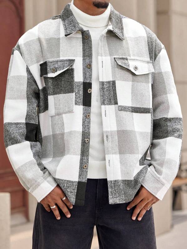 Manfinity CasualCool Men's Plus Size Button Front Long Sleeve Plaid Casual Jacket