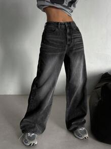 DAZY Quần Jeans Denim Ống Rộng Túi Rộng Cho Nữ, Quần Jeans Rộng Thùng Thình - Xám - Xem 3