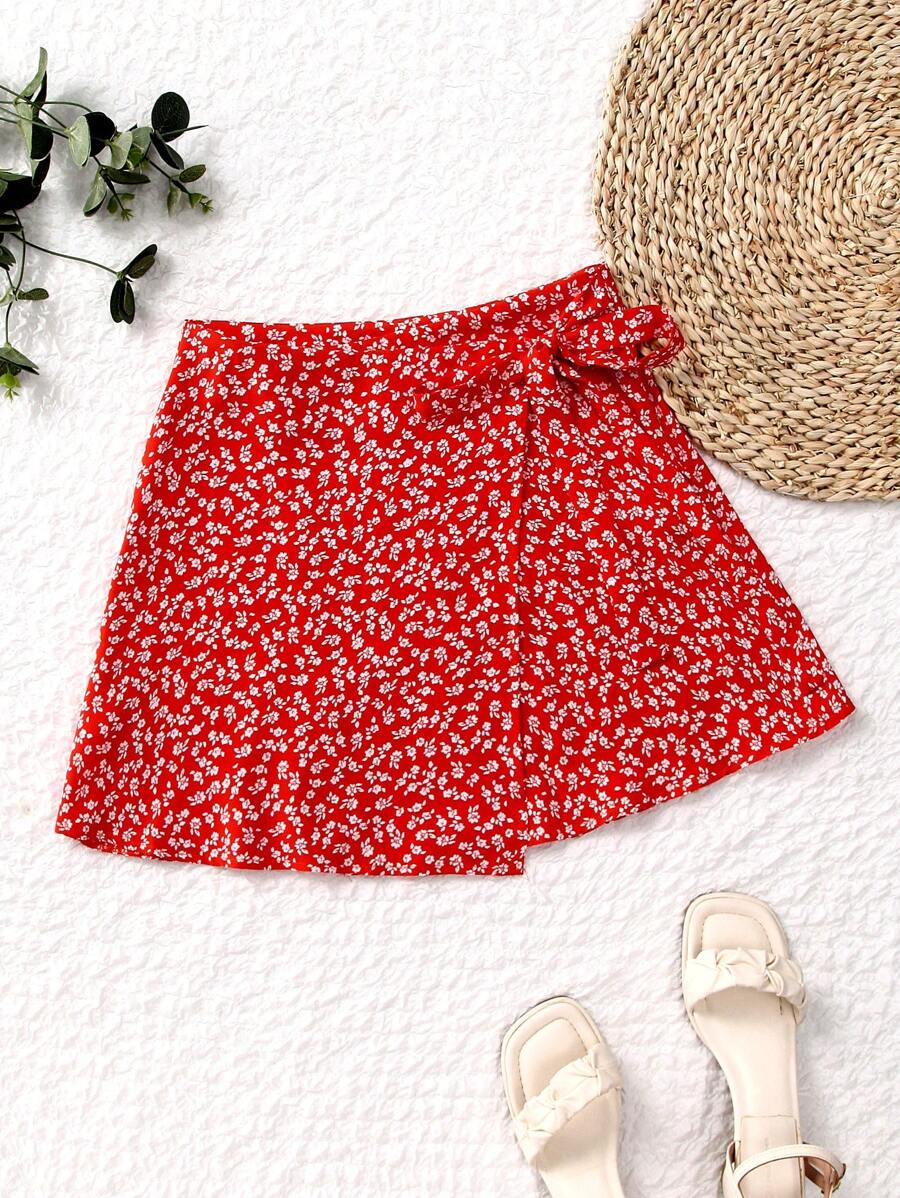 SHEIN Unity 女士碎花侧边打结休闲裙度假新年服装 - 紅色 - 查看 1