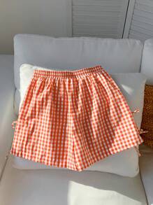 Comfortcana Plus Size Pink Plaid Bow Decor Casual Shorts, Suitable For Spring/Summer - Orange - View 2