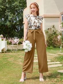 2pcs Blue Floral Print Pants Set For Teenage Girls - Khaki - View 3