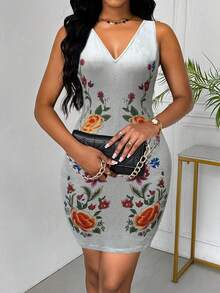 SHEIN Clasi Women's V-Neck Sleeveless Floral Print Casual Mini Dress