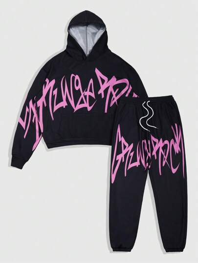Street Life 2 piezas Conjunto de chándal para hombre con sudadera con capucha con estampado de letras de manga larga holgada y pantalones rectos informales con cordón para deporte