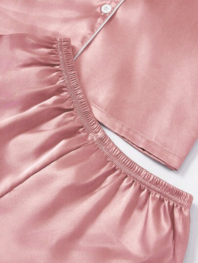 LuxeNights Women Contrast Faux Zijden Collar Pyjama Set view 4