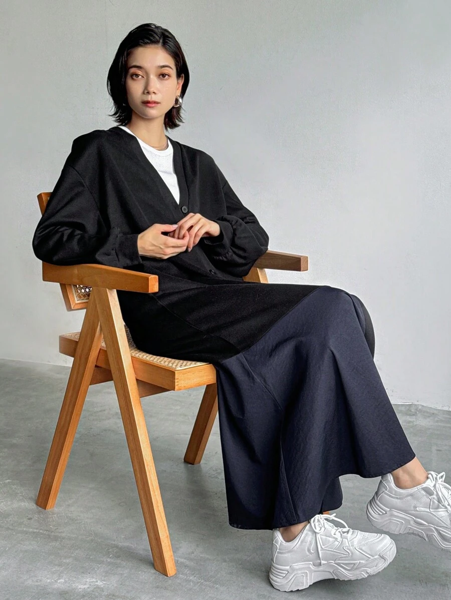 FRIFUL Women Patchwork Color Block Midi Dress,Fall Clothes - Black - View 1