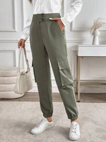 SHEIN LUNE 纯色高腰口袋哈伦裤 - 軍綠色 - 查看 3