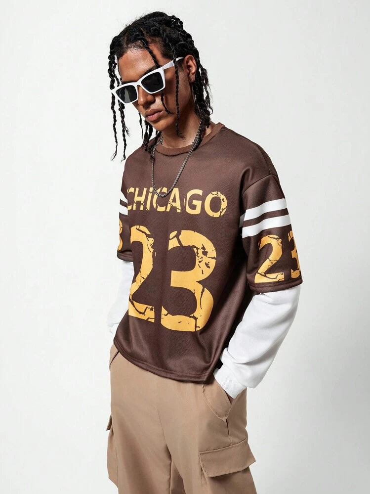 SHEIN Teenage Boys' Round Neck Long Sleeve Solid Color Digital Print Minimalist Sweatshirt