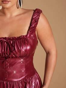 SHEIN BAE Plus Size Burgundy Autumn Girlism Night Out Club Elegant Red PU Leather Square Collar Bow Low Waist Mini Ballet Dress, Halloween Party Costume - Burgundy - View 7