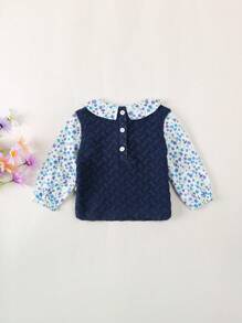SHEIN Baby Girl Casual French Ditsy Ditsy Floral 2 In 1 Collared Sweater, Suitable For Outdoor Wear