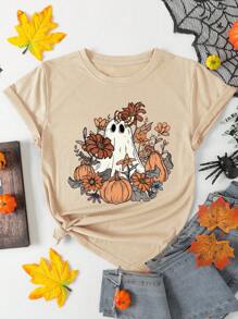 INAWLY Women Pumpkin Ghost Print Round Neck Short Sleeve T-Shirt - Khaki - View 1