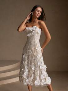 Anewsta 女士优雅白色抹胸网眼花卉装饰晚礼服 - 白色 - 查看 3