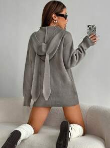 SHEIN Unity Autumn/Winter Casual Rabbit Ear Design Shiny Loose Knit Sweater Hoodie Knit Pullover Fall Outfit - Grey - View 1