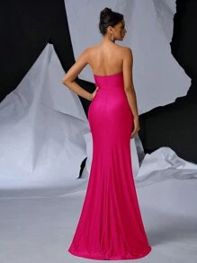 Glamrae 迷人性感露肩甜心领口骨紧身鱼尾开叉长款晚礼服、婚礼活动礼服、优雅正式舞会礼服、适合婚礼宾客、毕业典礼、晚宴派对礼服 - 玫紅色 - 查看 2